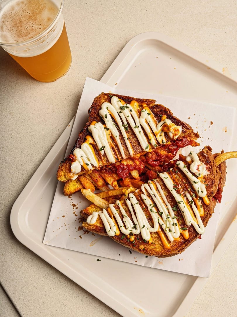 A grilled cheese sandwich with fries, red sauce, white sauce, and parsley, next to a beer.
