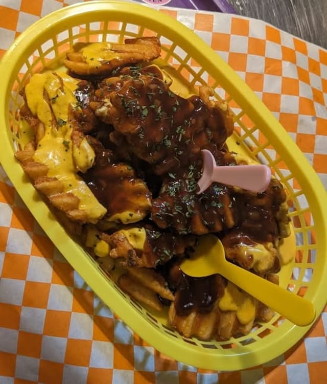Cheesy Waffle Fries with Gravy.